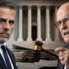 Hunter Biden and Rudy Giuliani in a courtroom-themed illustration