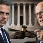 Hunter Biden and Rudy Giuliani in a courtroom-themed illustration