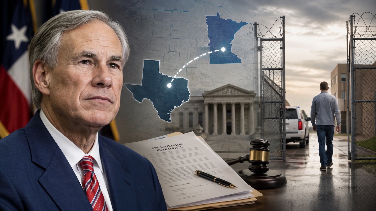 Illustration of Greg Abbott with a Texas-Minnesota map and extradition documents.