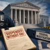 Editorial illustration showing ICE, a courthouse and documents marked Suspended Without Pay and Federal Investigation.