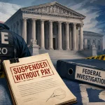 Editorial illustration showing ICE, a courthouse and documents marked Suspended Without Pay and Federal Investigation.