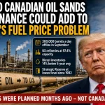 Donald Trump beside a fuel price sign with a Canadian oil sands refinery and crude oil pipeline in the background