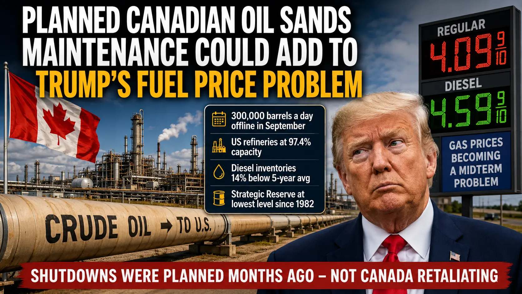 Donald Trump beside a fuel price sign with a Canadian oil sands refinery and crude oil pipeline in the background