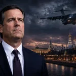 Editorial illustration of CIA Director John Ratcliffe with the Kremlin and a US military transport aircraft over Moscow.