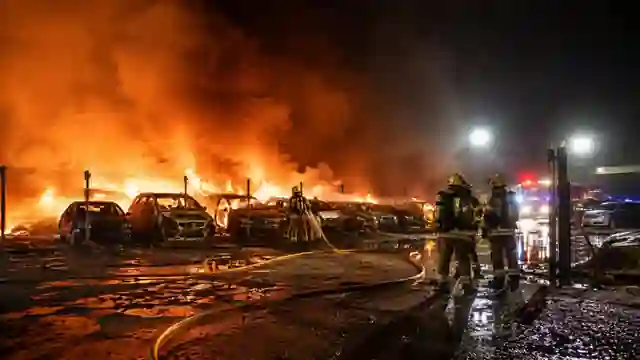 AI-generated illustration of firefighters tackling a large fire involving parked vehicles at night.