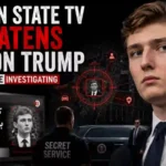 News graphic about Iranian state television threats against Barron Trump and a Secret Service investigation