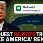 Donald Trump beside a map of Lake Ontario with a MapQuest message reading ‘We’re not changing it.’
