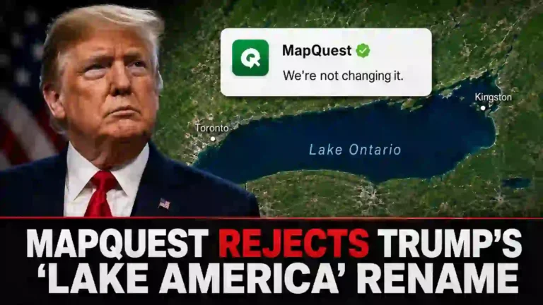 Donald Trump beside a map of Lake Ontario with a MapQuest message reading ‘We’re not changing it.’