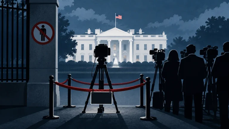Illustration of press cameras behind a cordon outside the White House