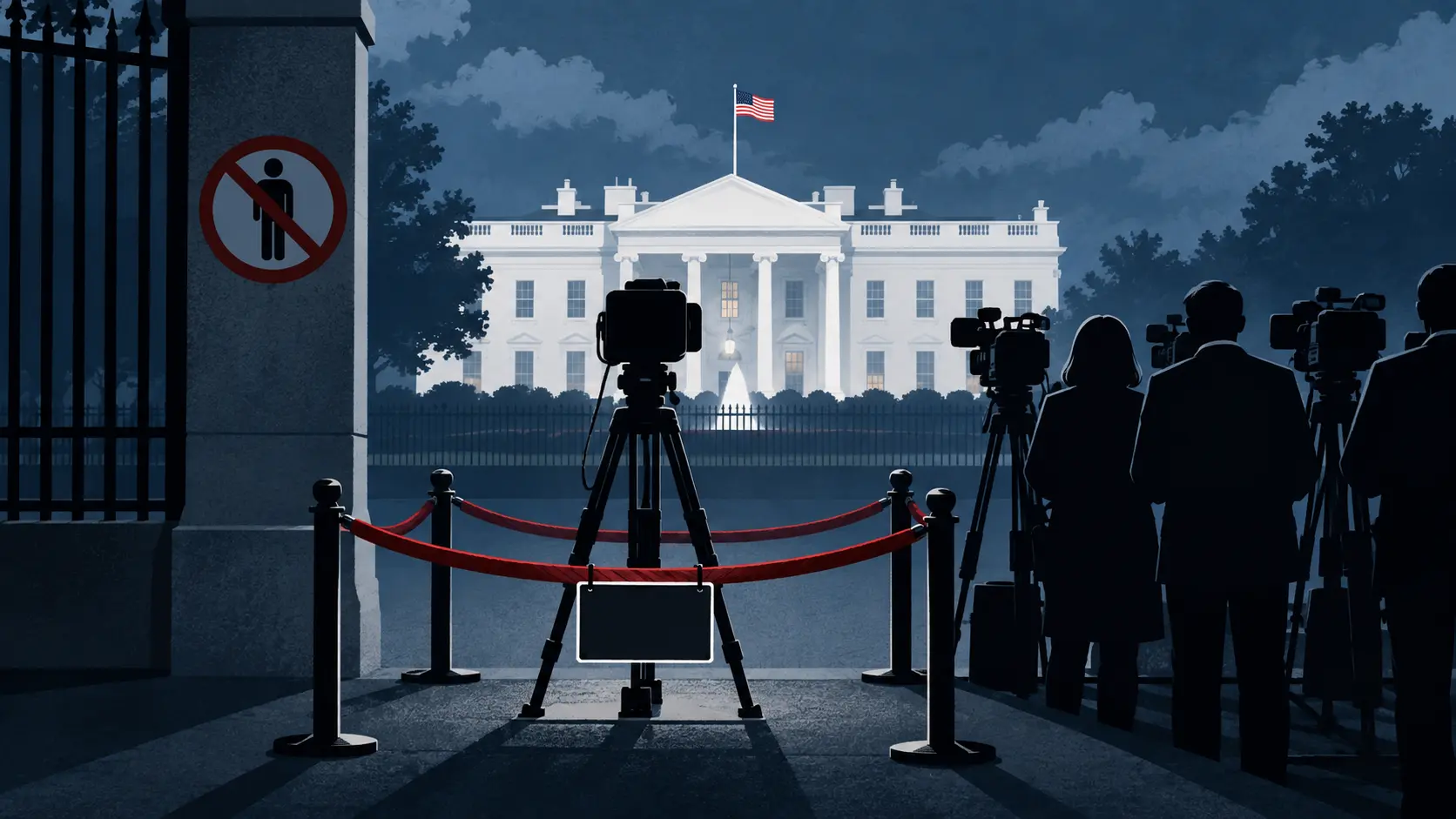 Illustration of press cameras behind a cordon outside the White House