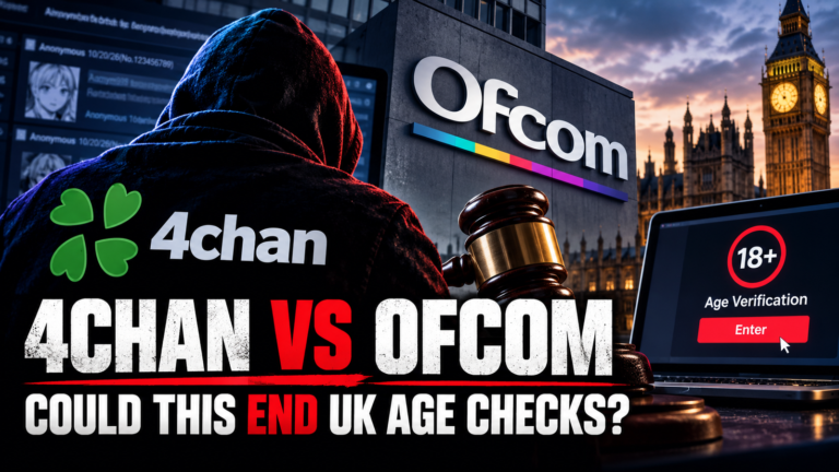 Editorial composite featuring 4chan, Ofcom, a UK age-verification screen and the Houses of Parliament.
