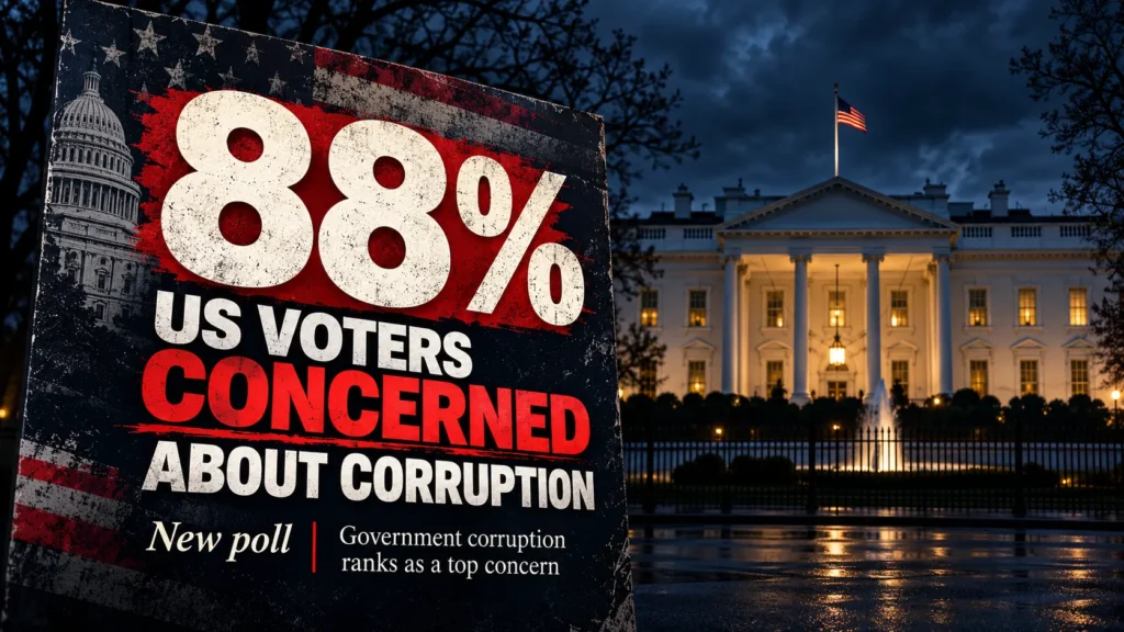 Editorial graphic showing a White House backdrop and the Fox News poll finding that 88% of US voters are concerned about government corruption.