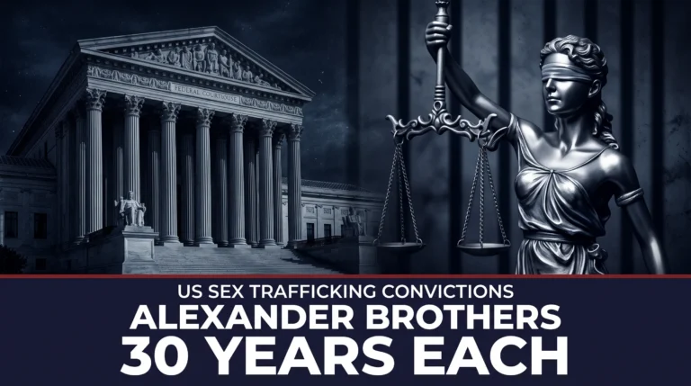 Original editorial illustration of a US federal courthouse and Lady Justice with the headline Alexander Brothers, 30 Years Each