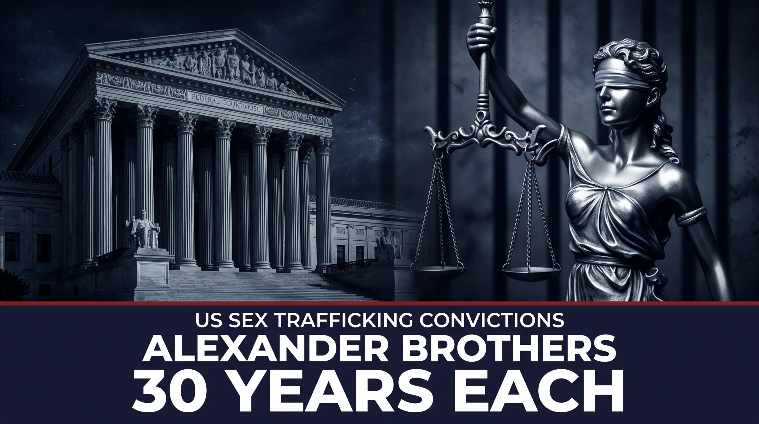 Original editorial illustration of a US federal courthouse and Lady Justice with the headline Alexander Brothers, 30 Years Each