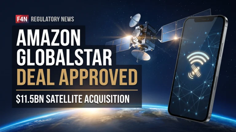 Editorial illustration of a satellite above Earth and a mobile phone with the headline Amazon Globalstar deal approved