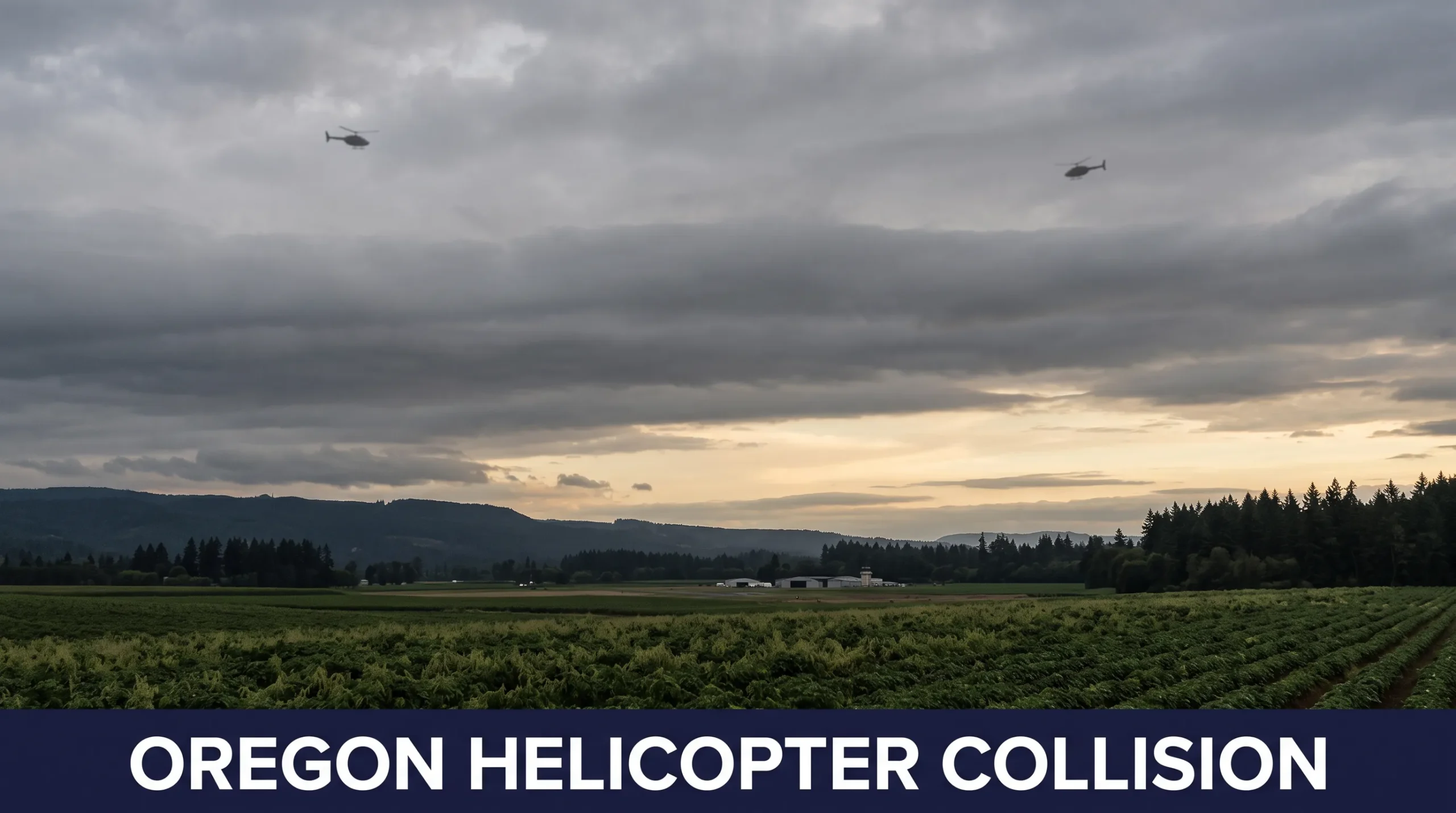 Stylised editorial illustration of two distant helicopter silhouettes over the Oregon countryside beneath a cloudy sky, with the headline Oregon Helicopter Collision