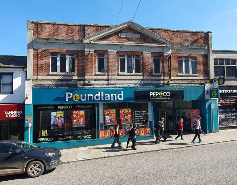 Poundland and Pep&Co shopfront in Penzance photographed April 2025, used as a file photograph