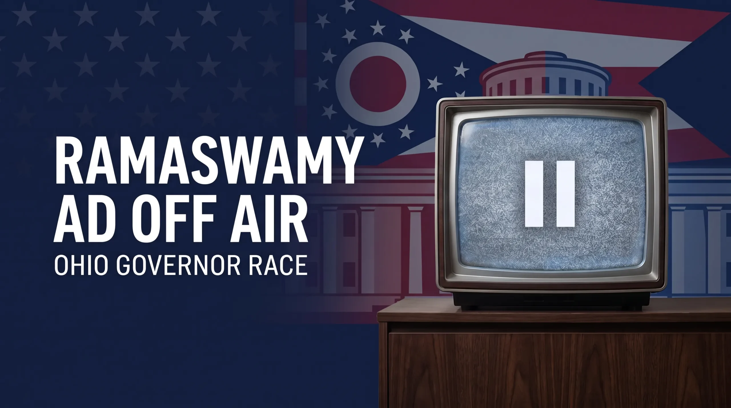 Editorial illustration reading Ramaswamy Ad Off Air, with an Ohio state flag backdrop and television showing a pause symbol.