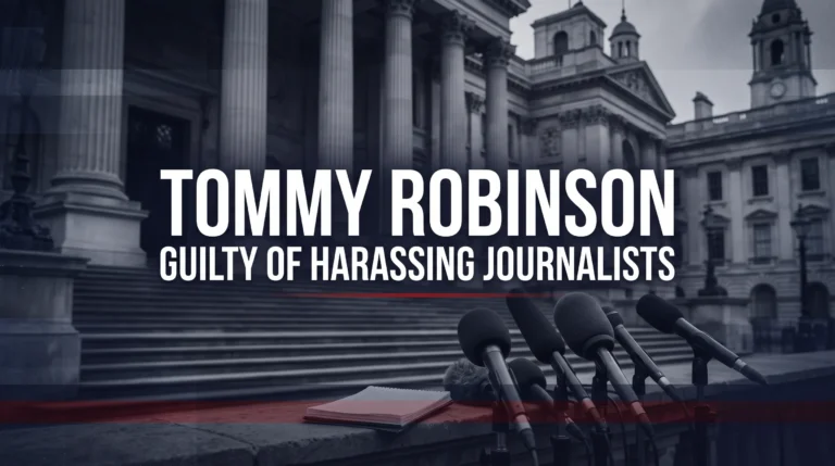 Editorial illustration of a UK courthouse with microphones and the headline Tommy Robinson Guilty of Harassing Journalists.