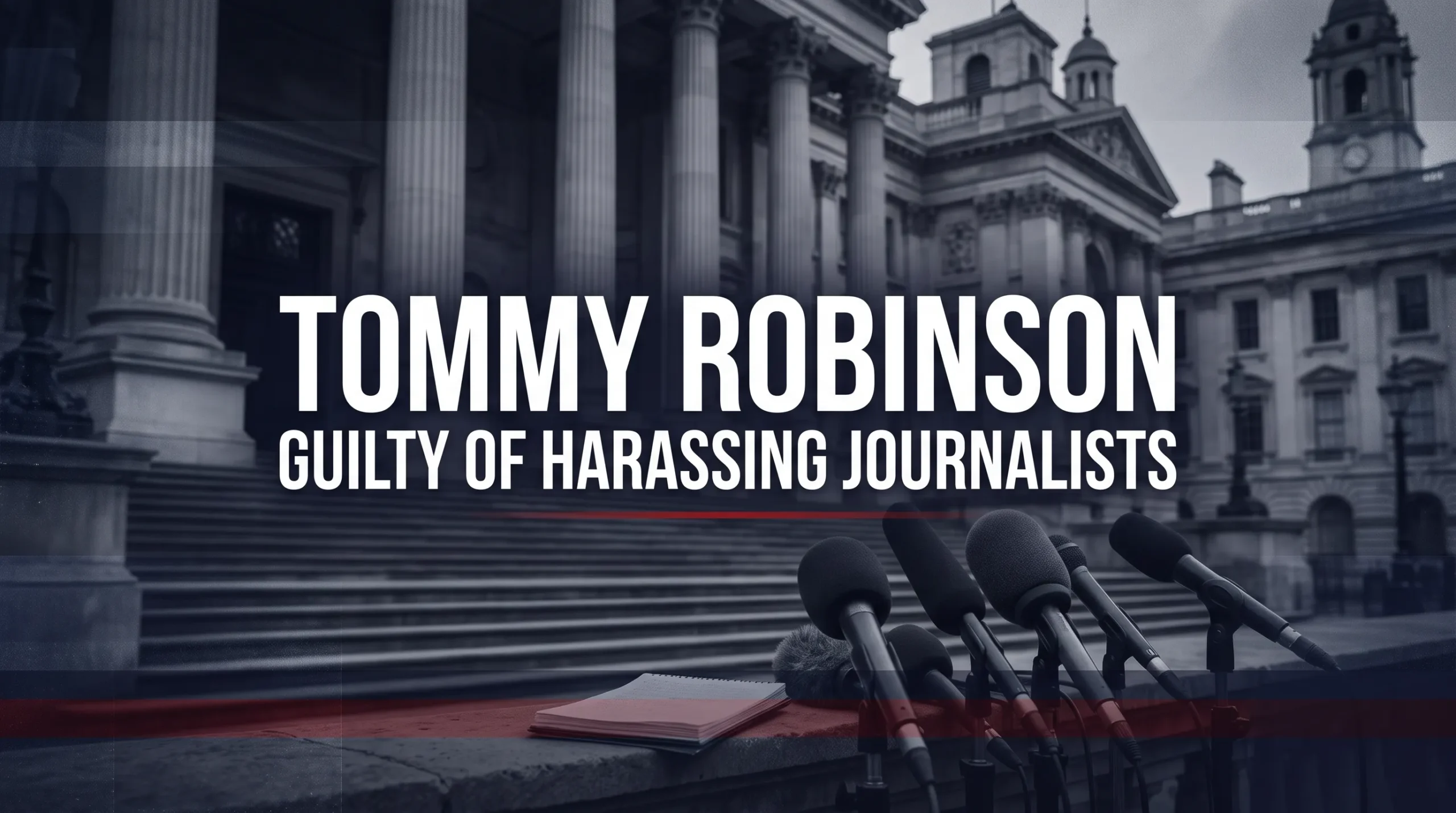 Editorial illustration of a UK courthouse with microphones and the headline Tommy Robinson Guilty of Harassing Journalists.