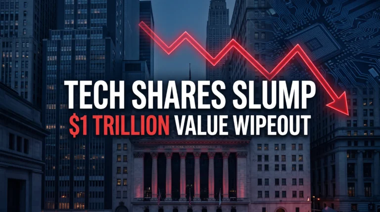 Illustrative composite of Wall Street, a falling red stock market graph and a silicon chip, headed Tech Shares Slump and $1 Trillion Value Wipeout.
