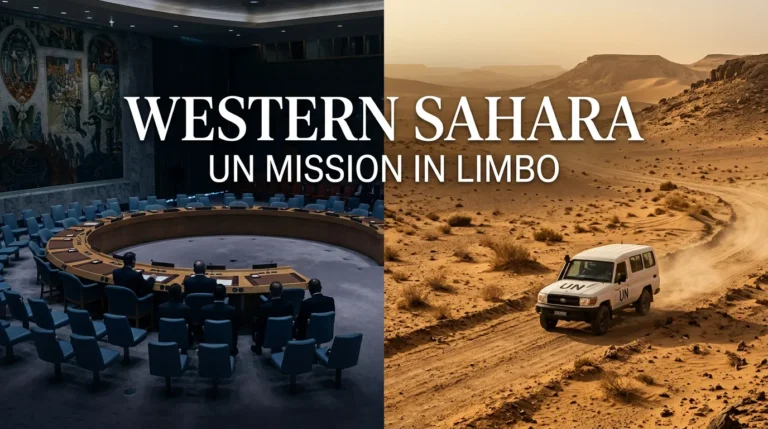 Editorial illustration of the UN Security Council and a UN-marked vehicle in the Western Sahara desert, with the words Western Sahara UN Mission in Limbo.