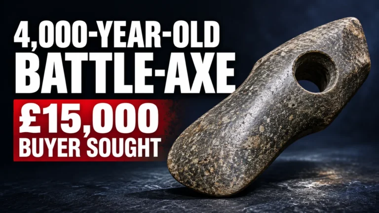 Editorial illustration of a prehistoric stone battle-axe head with the headline ‘4,000-year-old battle-axe’ and ‘£15,000 buyer sought’.