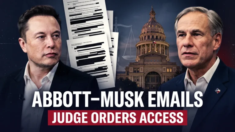 Editorial composite showing Elon Musk and Texas Governor Greg Abbott, the Texas Capitol and redacted documents, with headline Abbott-Musk Emails: Judge Orders Access