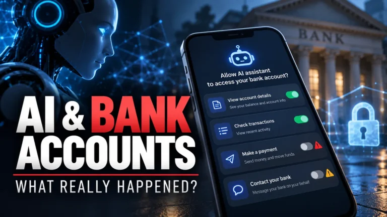 Illustration of an AI interface beside a mobile banking screen showing account access and payment permission options.