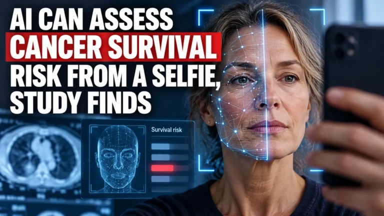 Illustration of a woman taking a selfie with AI facial recognition graphics, representing research into cancer survival risk.