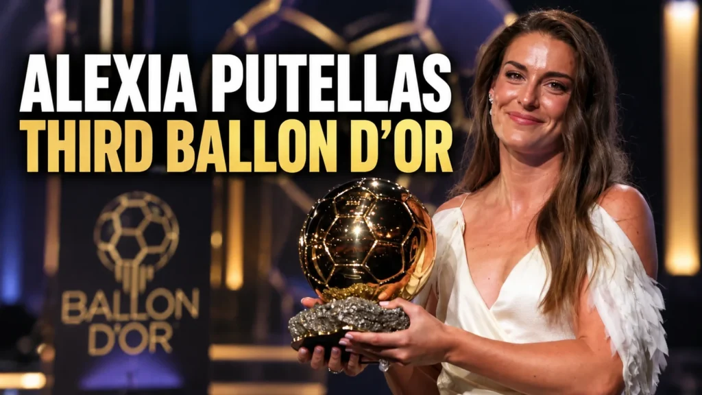 Editorial composite of Alexia Putellas holding a golden Ballon d’Or trophy, with the words Alexia Putellas Third Ballon d’Or