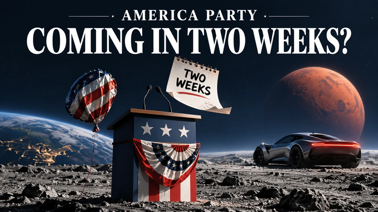 Original satirical illustration of an empty US political podium, a two-week calendar, Mars and a futuristic electric car