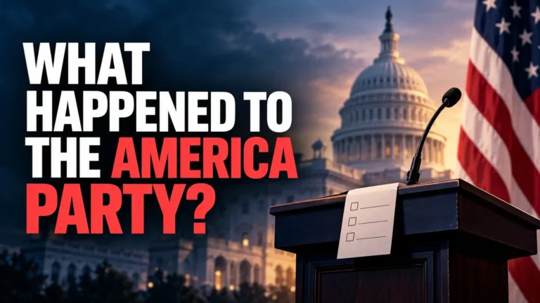 Editorial composite showing the US Capitol, an empty podium and the headline What happened to the America Party?
