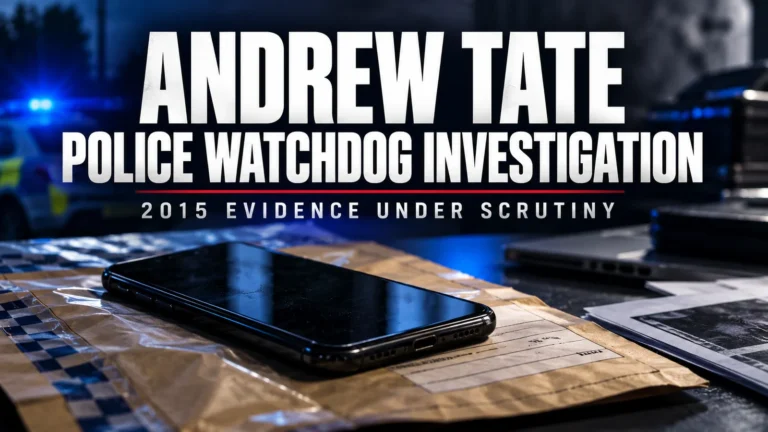 Illustrative composite of a phone and evidence envelope, representing an investigation into police handling of Andrew Tate evidence. Not actual case evidence.