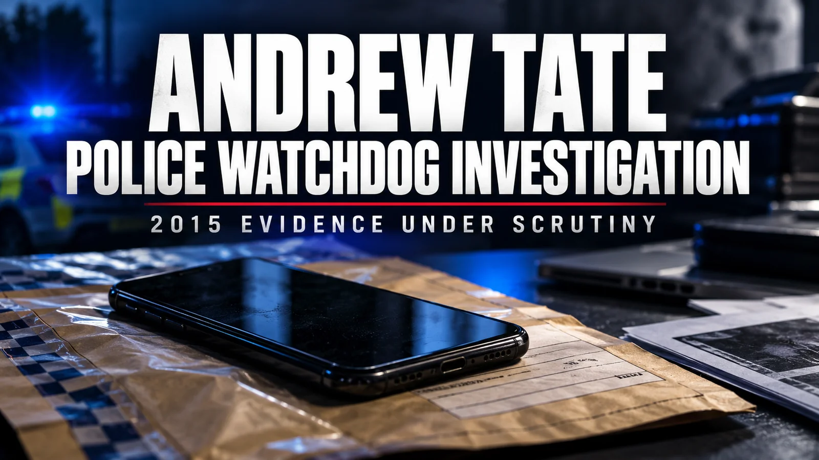 Illustrative composite of a phone and evidence envelope, representing an investigation into police handling of Andrew Tate evidence. Not actual case evidence.