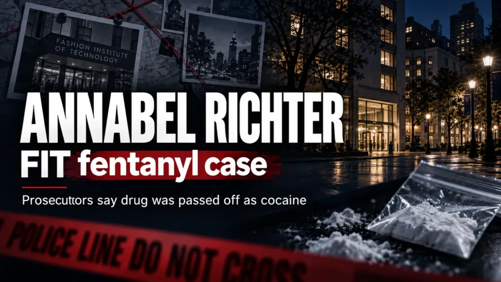 Editorial composite with a New York college building at night, symbolic drug evidence and headline about the Annabel Richter fentanyl case.