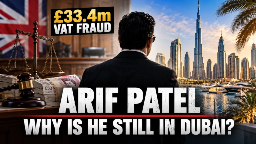 Illustrative composite of British justice scales and the Dubai skyline, asking why convicted VAT fraudster Arif Patel has not been extradited