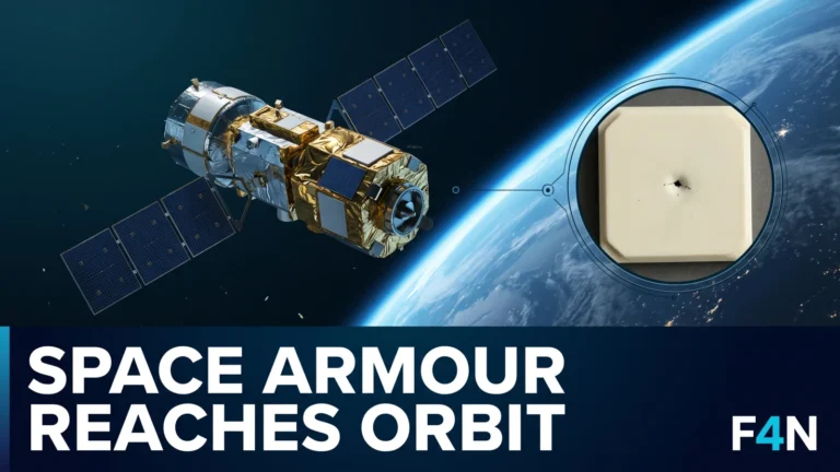 Illustrated F4N composite of a satellite above Earth with an inset showing an impact-marked composite armour tile; no actual orbital collision depicted.