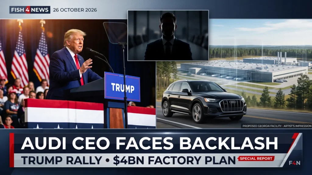 Illustrative F4N composite depicting Donald Trump at a campaign rally with an Audi SUV and a proposed, not yet approved, Georgia auto factory.
