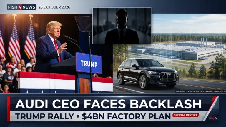 Illustrative F4N composite depicting Donald Trump at a campaign rally with an Audi SUV and a proposed, not yet approved, Georgia auto factory.