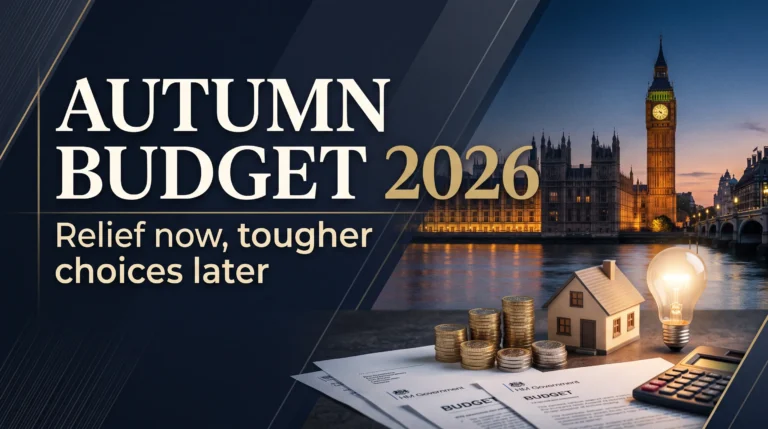 Autumn Budget 2026 editorial graphic showing Westminster, pound coins, household energy and financial papers