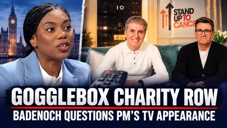 Editorial composite of Kemi Badenoch, Prime Minister Andy Burnham and Steve Rotheram illustrating the debate over Burnham's charity Gogglebox appearance.