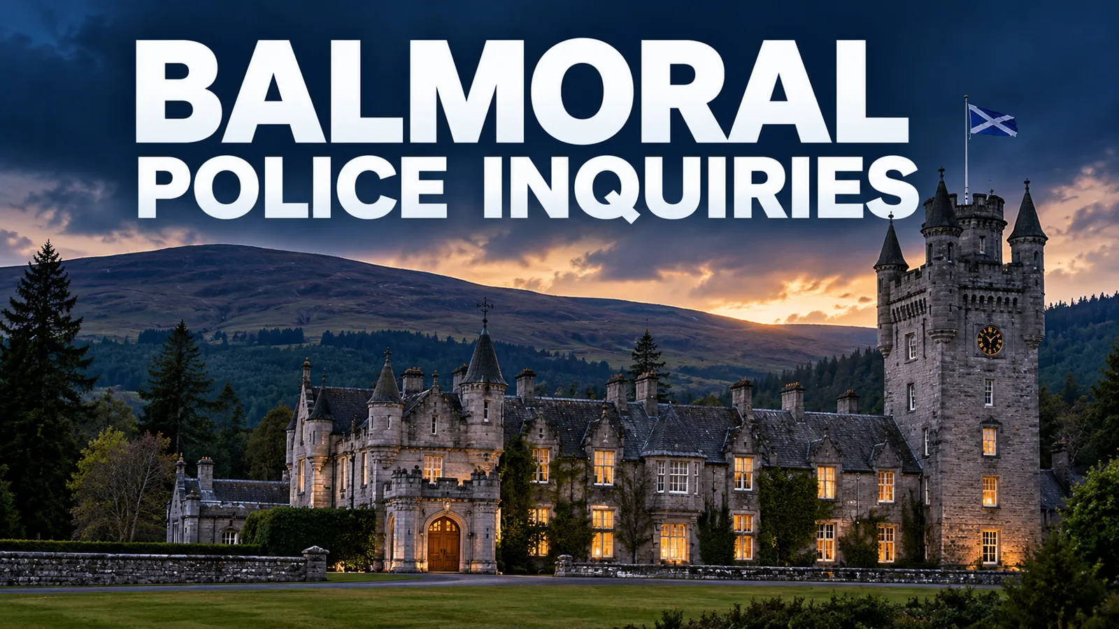 Editorial illustration of Balmoral Castle in the Scottish Highlands with the headline Balmoral Police Inquiries