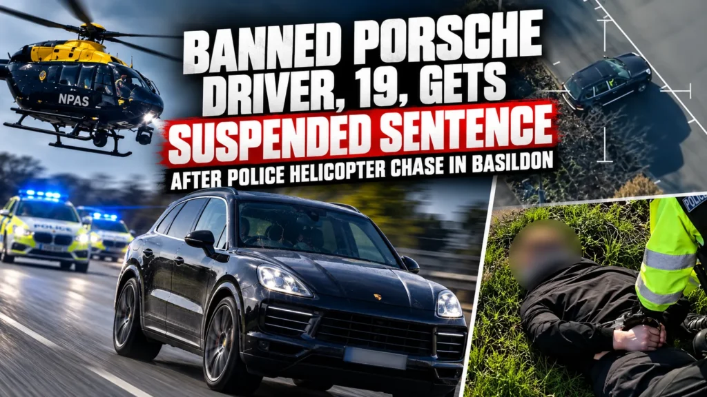 Editorial composite showing a black Porsche Cayenne, police helicopter and arrest imagery illustrating a pursuit in Basildon.