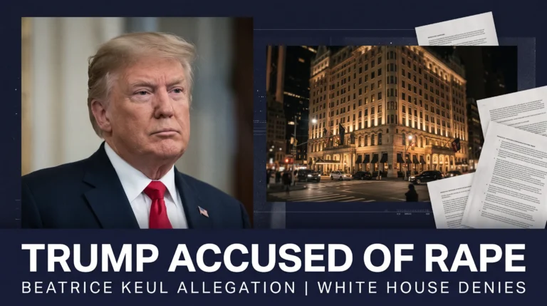 Editorial composite depicting Donald Trump, New York's Plaza Hotel and documents, with headline 'Trump accused of rape' and the White House denial