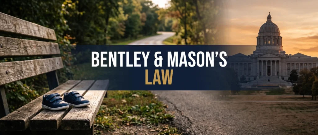 Symbolic composite showing a pair of children's shoes on a park bench, Missouri Capitol in the background and the words Bentley and Mason's Law.