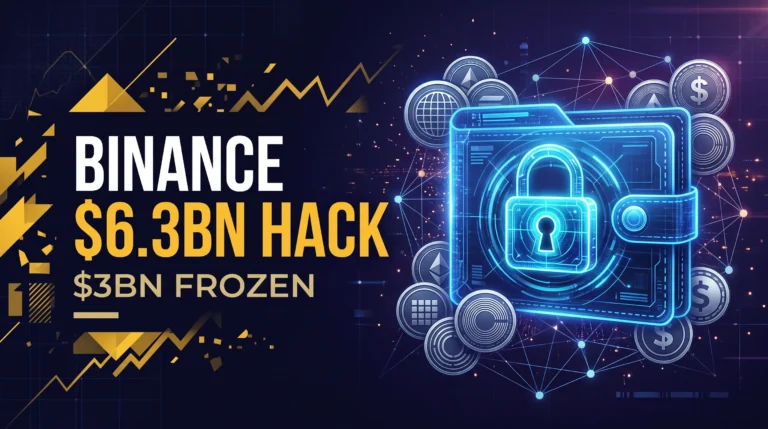 Illustration of Binance $6.3bn cryptocurrency hack, a locked digital wallet and $3bn in frozen assets