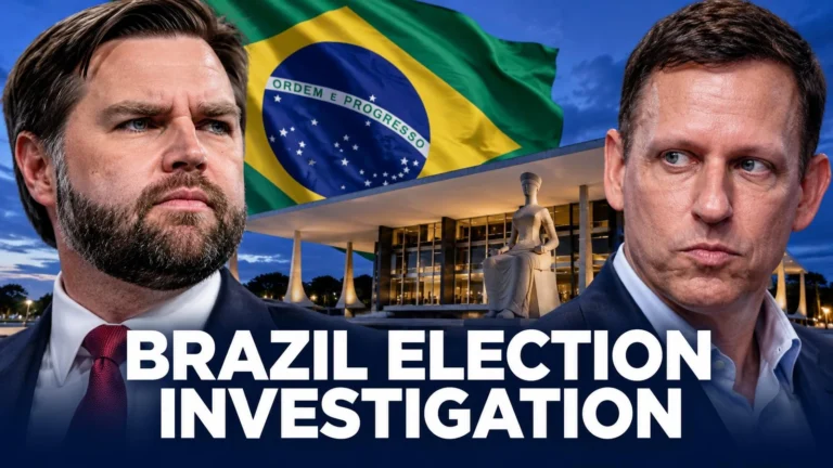 Editorial composite of JD Vance, Peter Thiel, Brazil's flag and Supreme Federal Court building, with the words Brazil Election Investigation