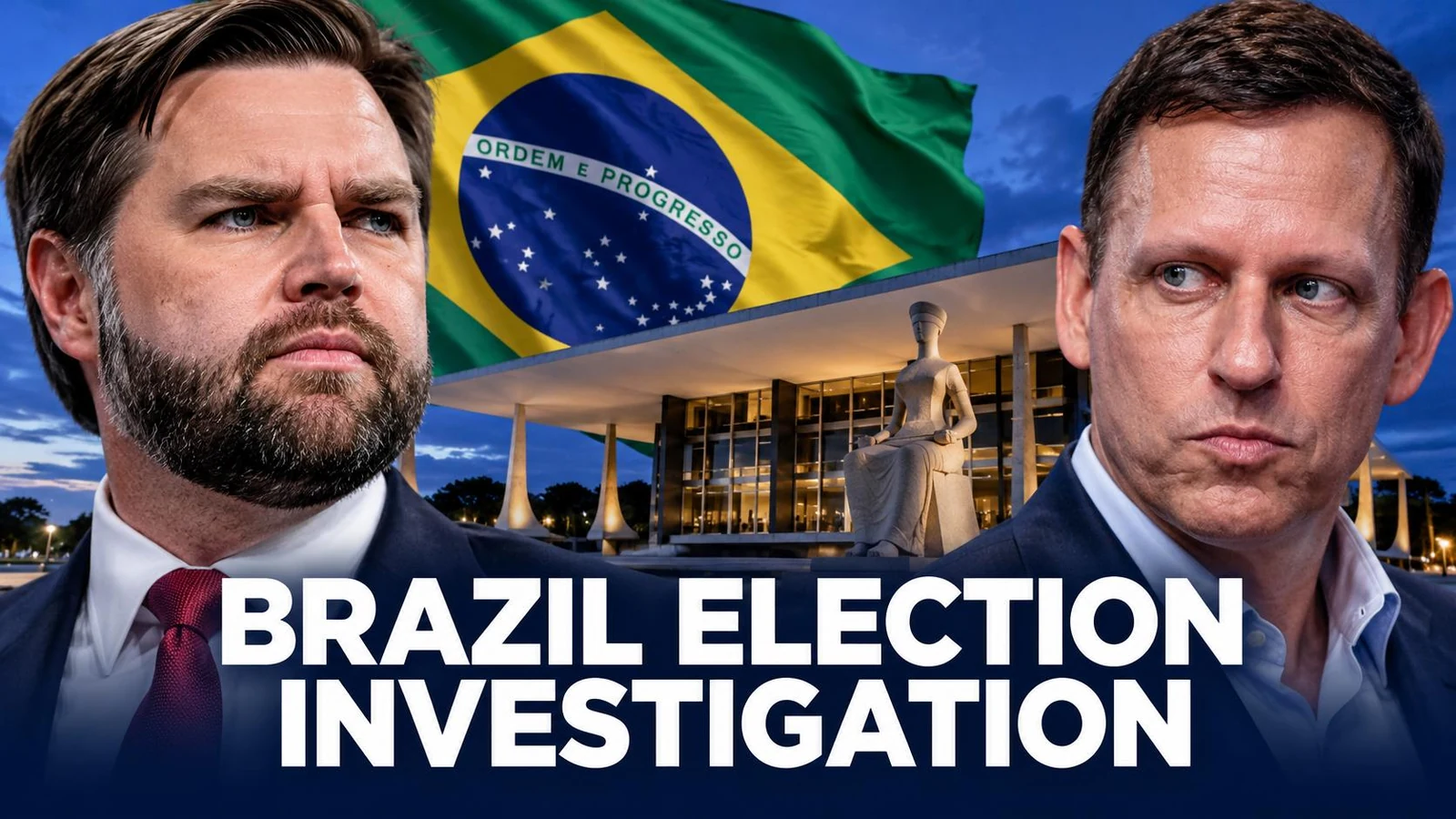 Editorial composite of JD Vance and Peter Thiel with Brazil's flag and Supreme Federal Court building, labelled Brazil Election Investigation