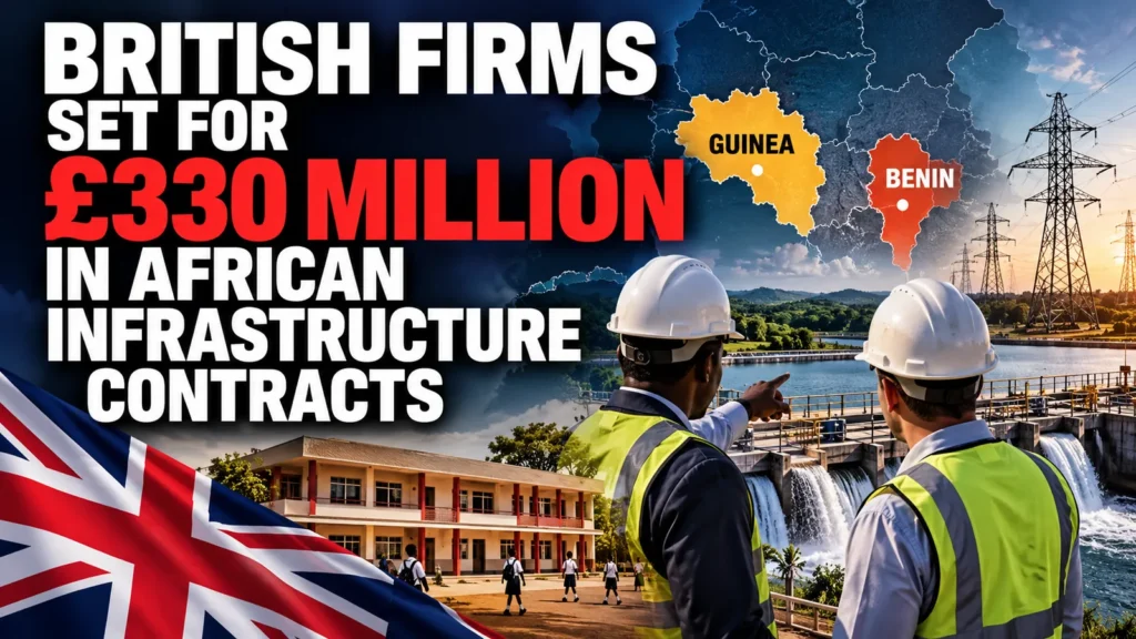 Editorial composite illustrating £330 million in expected UK export contracts for infrastructure in Guinea and Benin, with construction workers, power lines and a school.